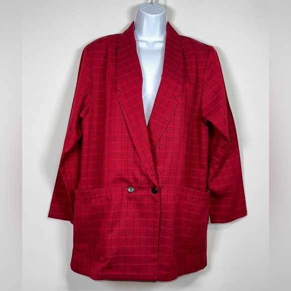 Vintage Red Check Plaid Double Breasted Blazer By Saddlebred Size Large - Picture 3 of 8